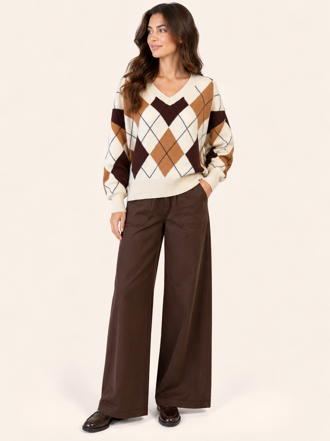 Women's Relaxed Fit Cream Argyle V-Neck Wool Sweater - Brown & Camel