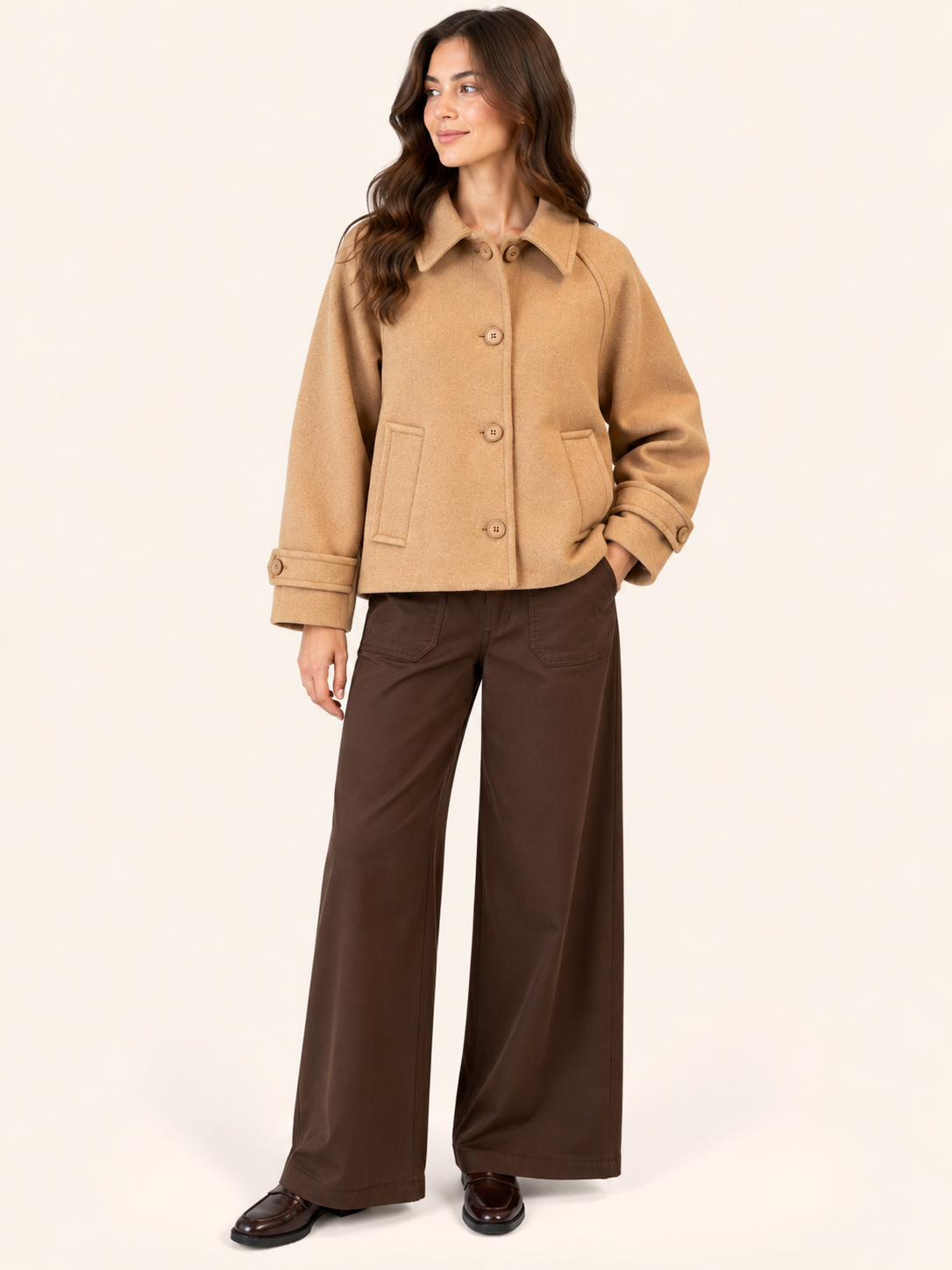 Relaxed Fit Short Coat With Raglan Sleeves & Cuff Detail - Women's Jacket