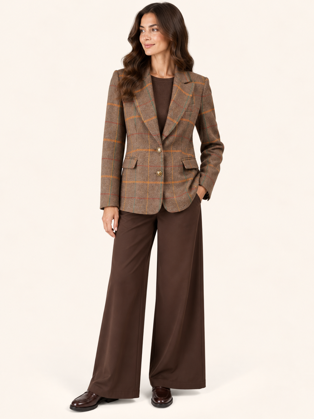 Brown Heritage Check Tailored Blazer With Gold Buttons - Women's Jacket