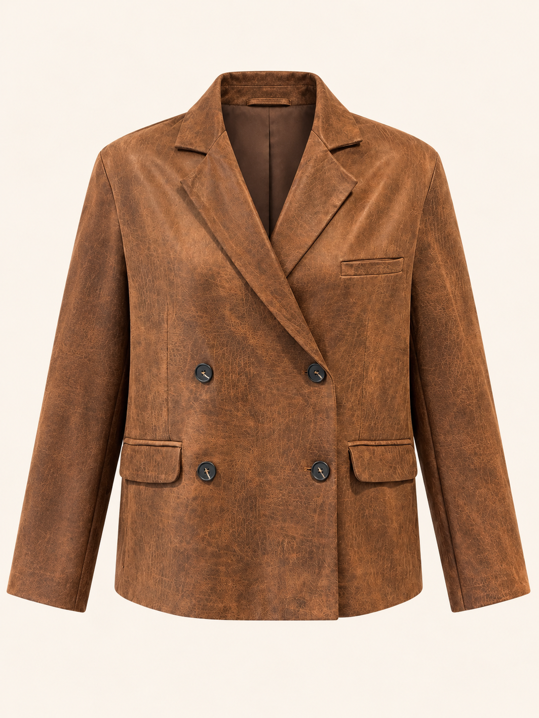 Relaxed Fit Distressed Brown Double-Breasted Faux Leather Blazer - Women's Vintage-Effect Jacket