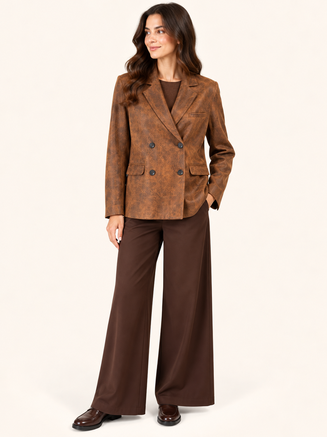 Relaxed Fit Distressed Brown Double-Breasted Faux Leather Blazer - Women's Vintage-Effect Jacket