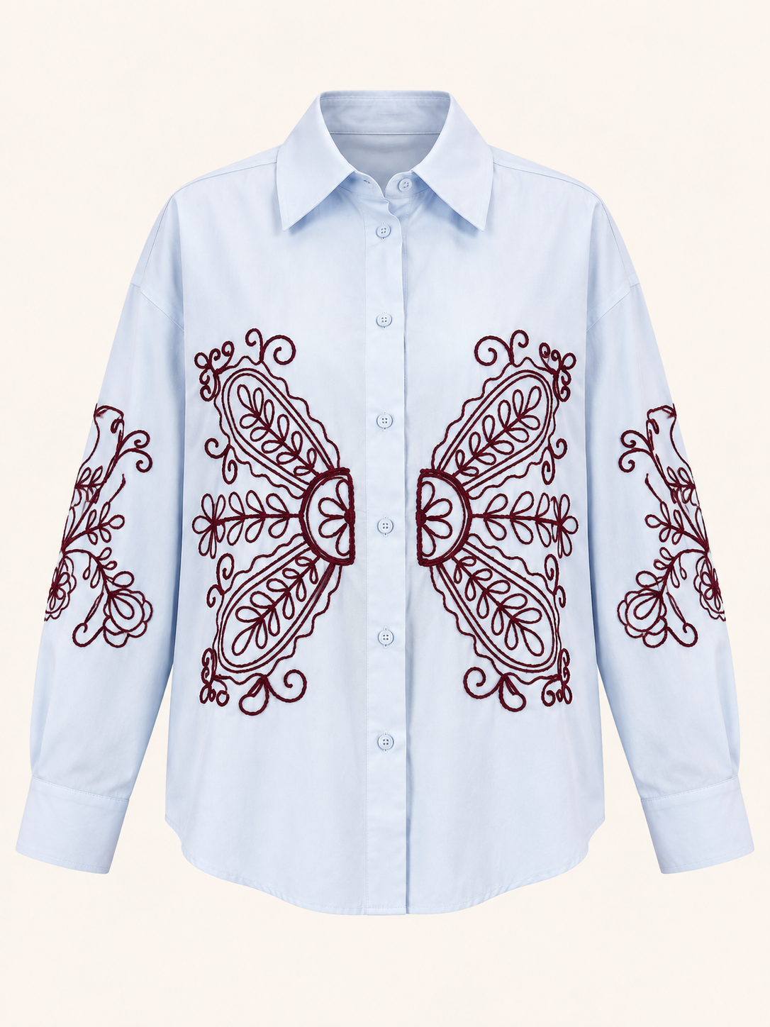 Light Blue Embroidered Oversized Shirt - Burgundy Floral Detail