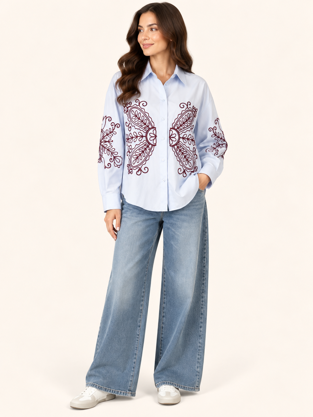 Light Blue Embroidered Oversized Shirt - Burgundy Floral Detail