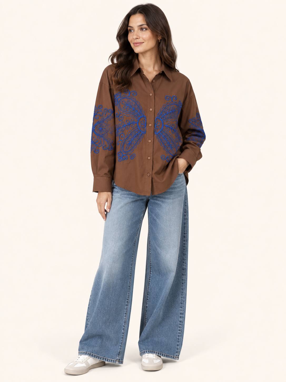 Brown Embroidered Oversized Shirt - Blue Floral Detail