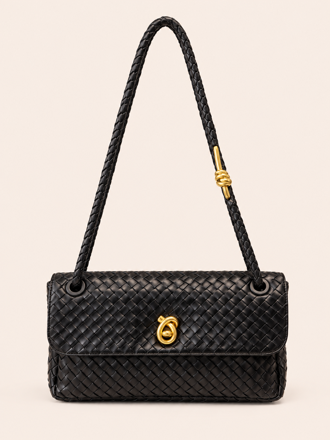 Black Woven Leather Shoulder Bag With Gold Hardware