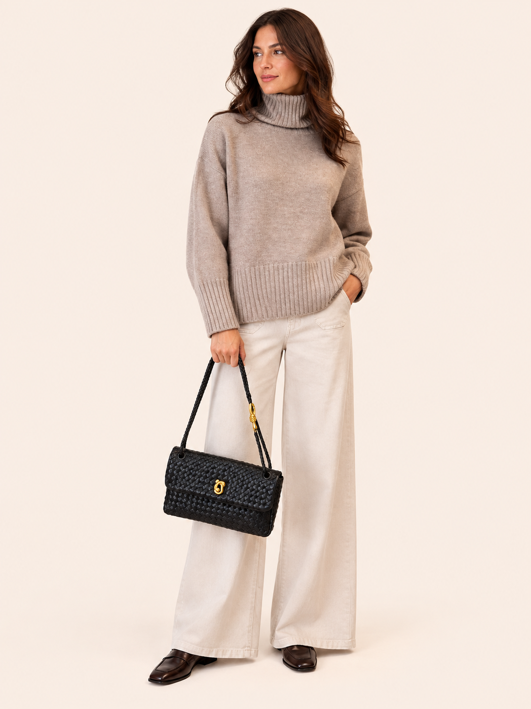 Black Woven Leather Shoulder Bag With Gold Hardware