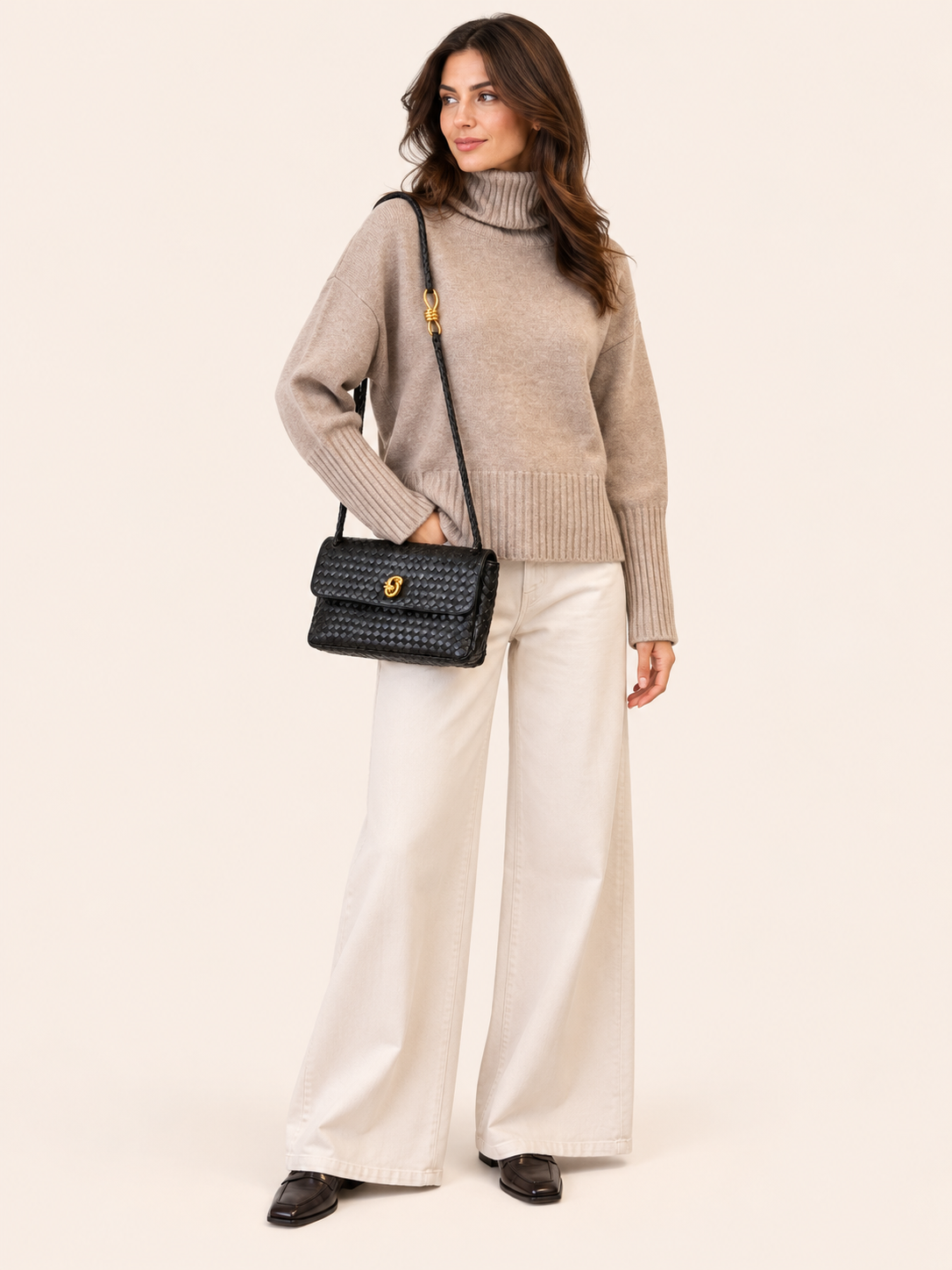 Black Woven Leather Shoulder Bag With Gold Hardware