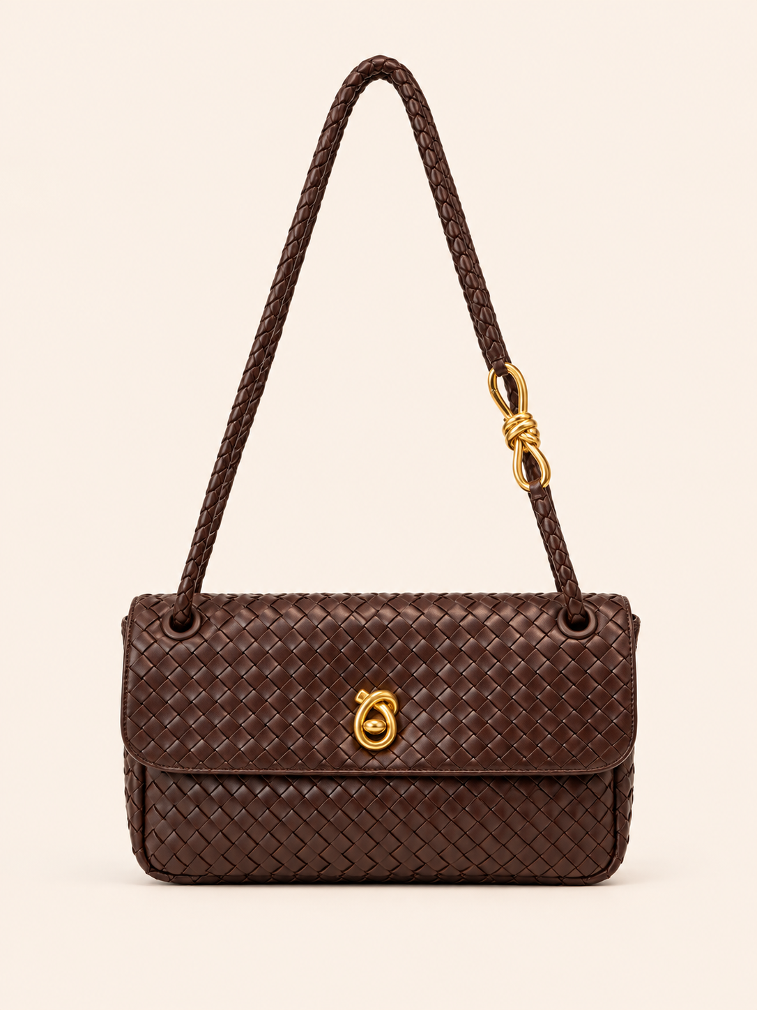 Brown Woven Leather Shoulder Bag With Gold Hardware