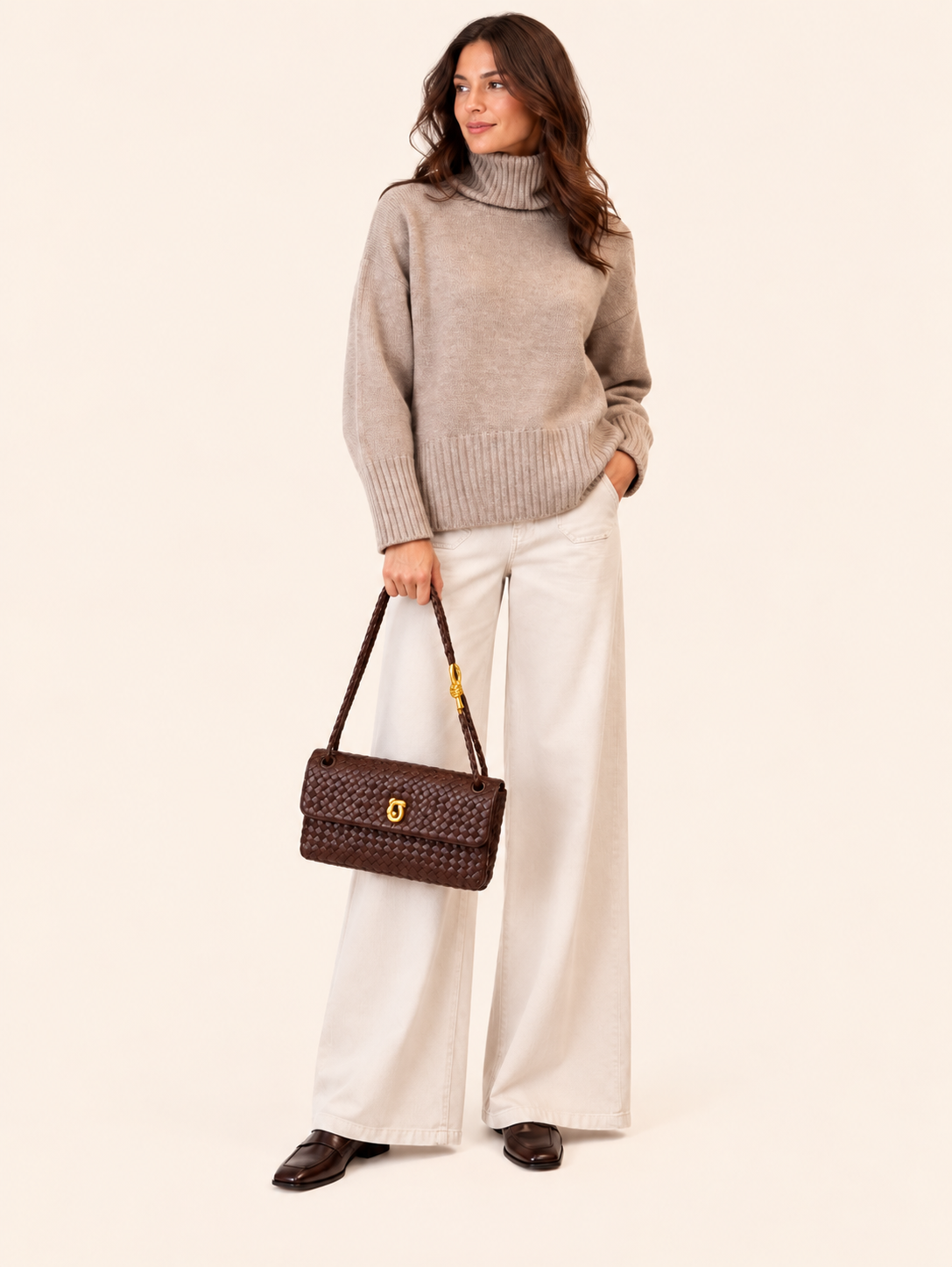 Brown Woven Leather Shoulder Bag With Gold Hardware