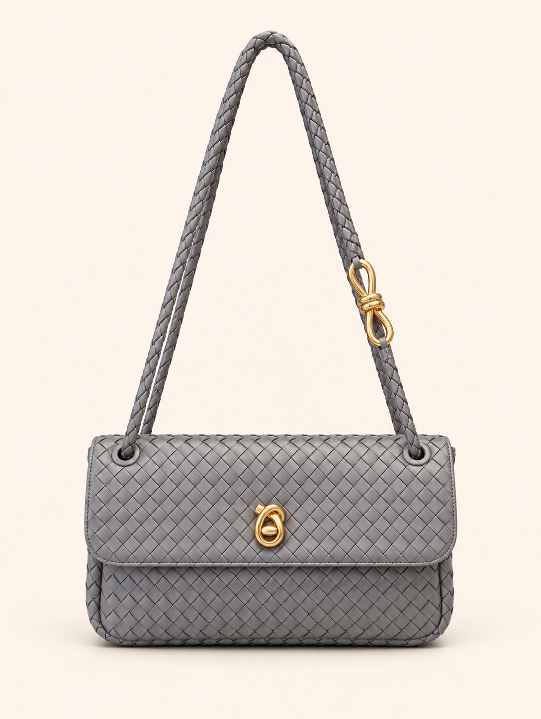 Grey Woven Leather Shoulder Bag With Gold Hardware