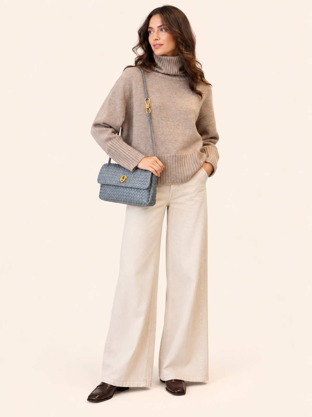 Grey Woven Leather Shoulder Bag With Gold Hardware