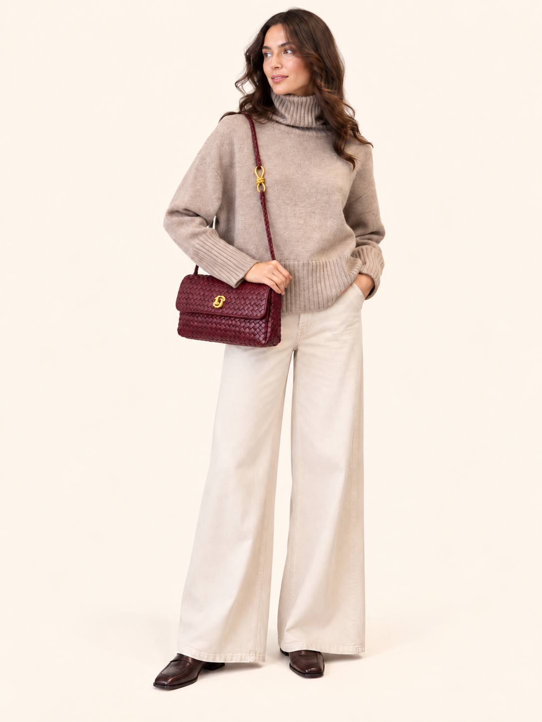 Burgundy Woven Leather Shoulder Bag With Gold Hardware