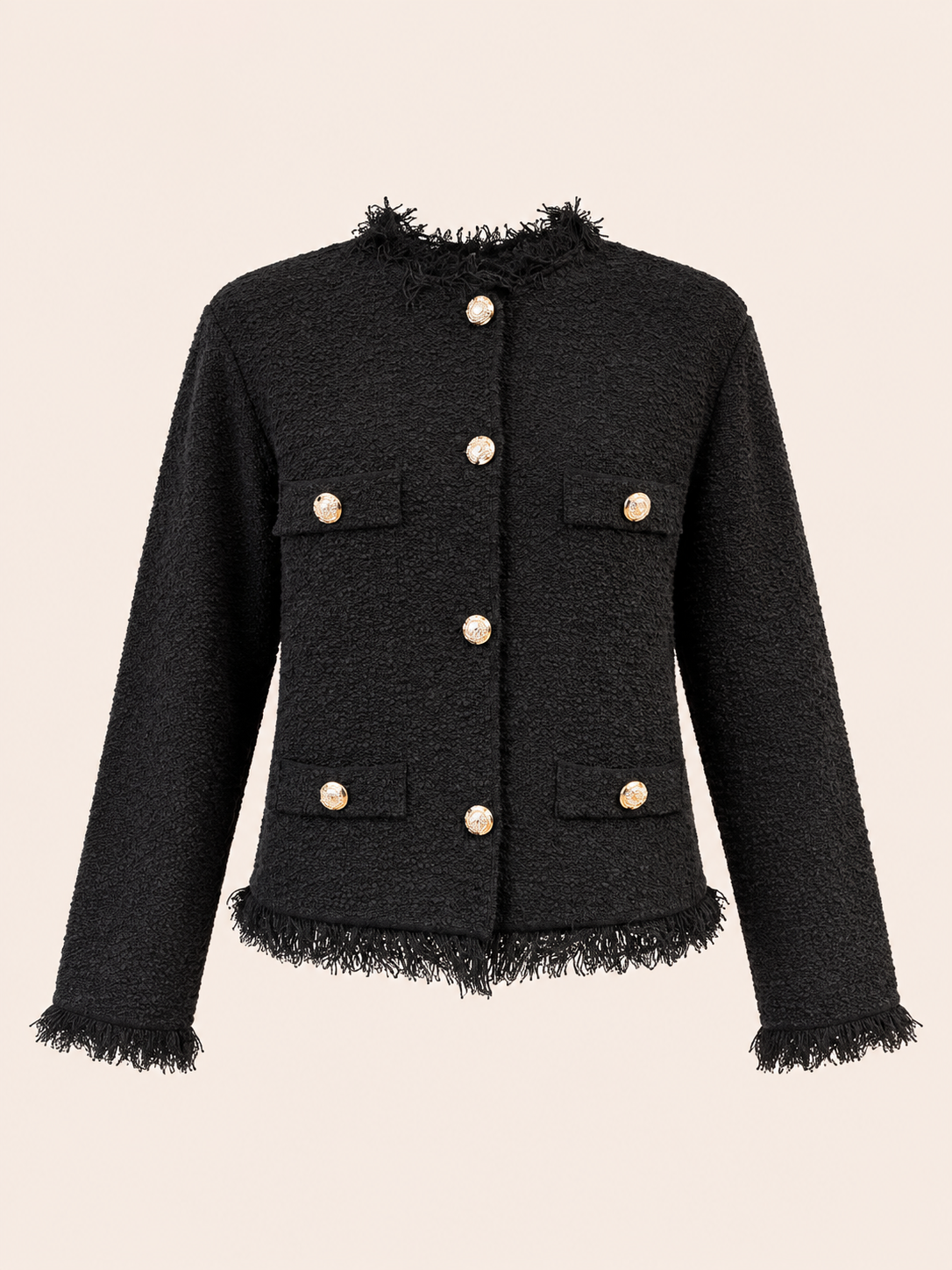 Black Lightweight Relaxed Fit Boucle Jacket With Gold Buttons & Fringe Detail