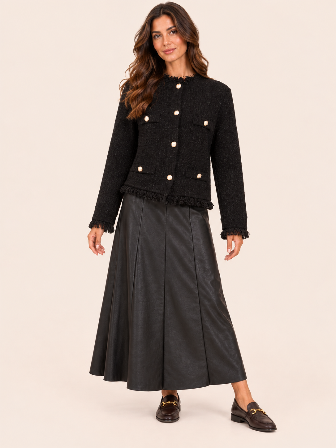 Black Lightweight Relaxed Fit Boucle Jacket With Gold Buttons & Fringe Detail