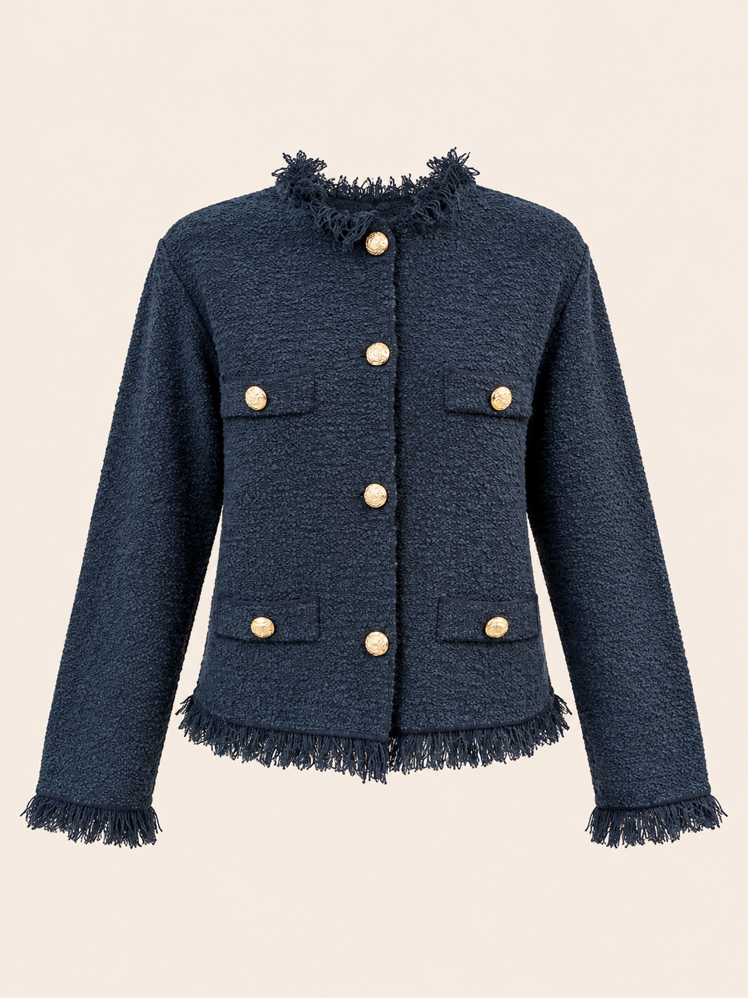 Blue Lightweight Relaxed Fit Boucle Jacket With Gold Buttons & Fringe Detail