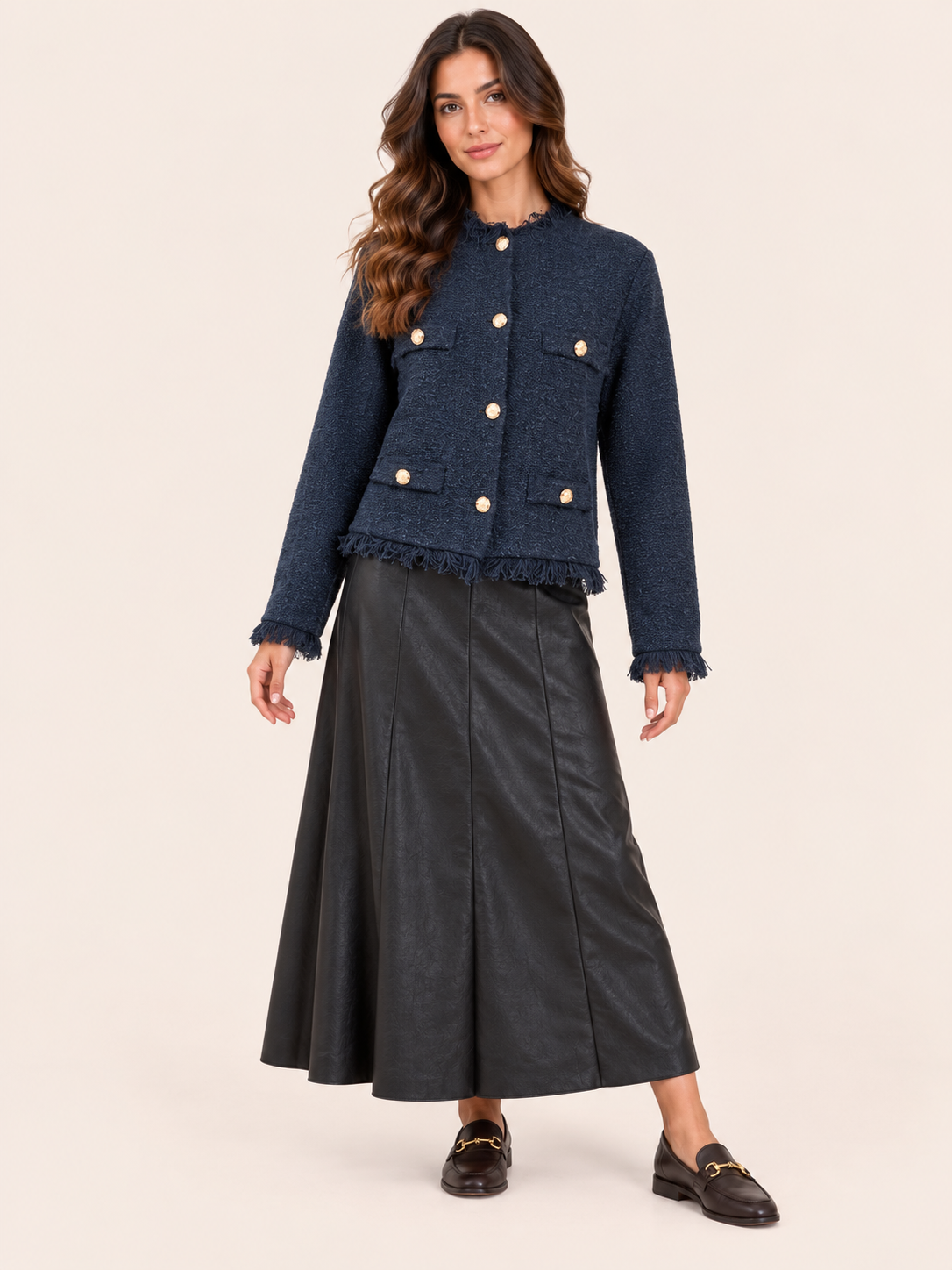 Blue Lightweight Relaxed Fit Boucle Jacket With Gold Buttons & Fringe Detail