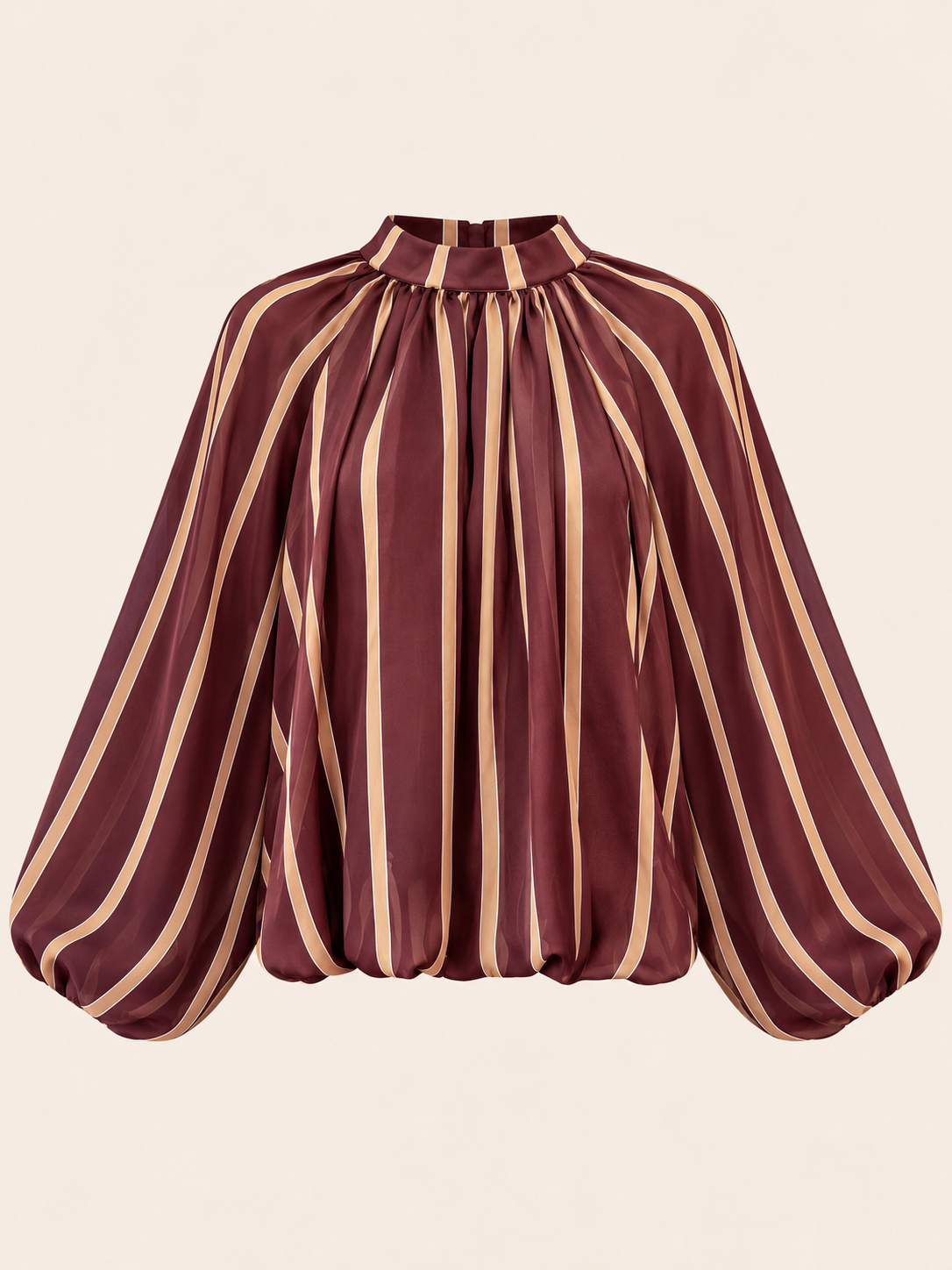 Relaxed Fit Burgundy Striped Balloon Sleeve Blouse With Gathered Neckline