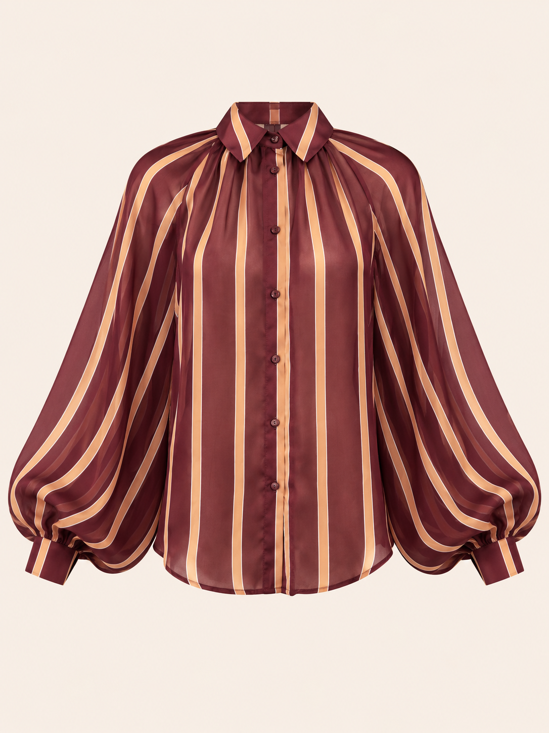 Relaxed Fit Burgundy Striped Sheer Blouse With Balloon Sleeves