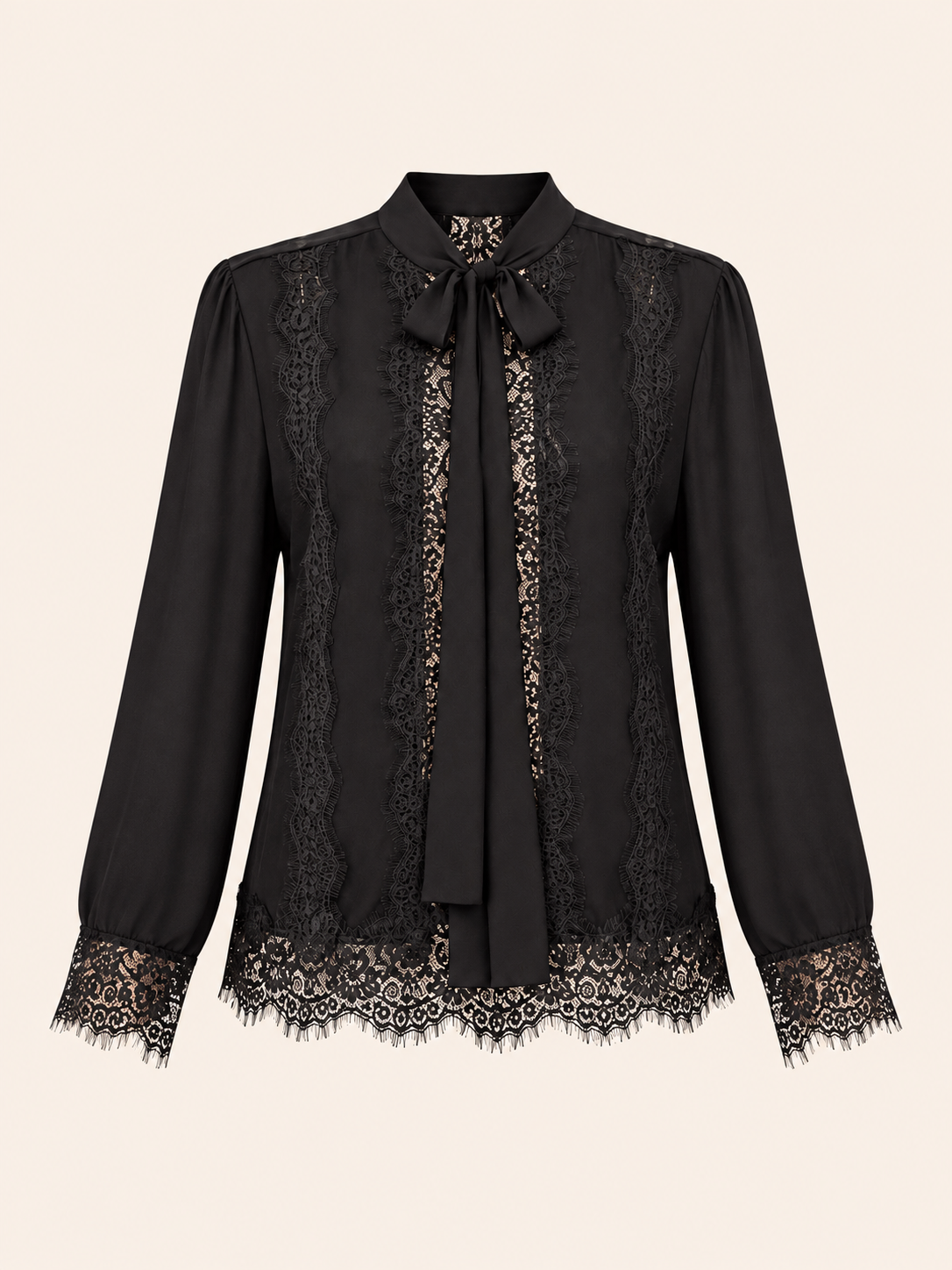 Relaxed Fit Black Lace Blouse With Bow Neck & Sheer Details