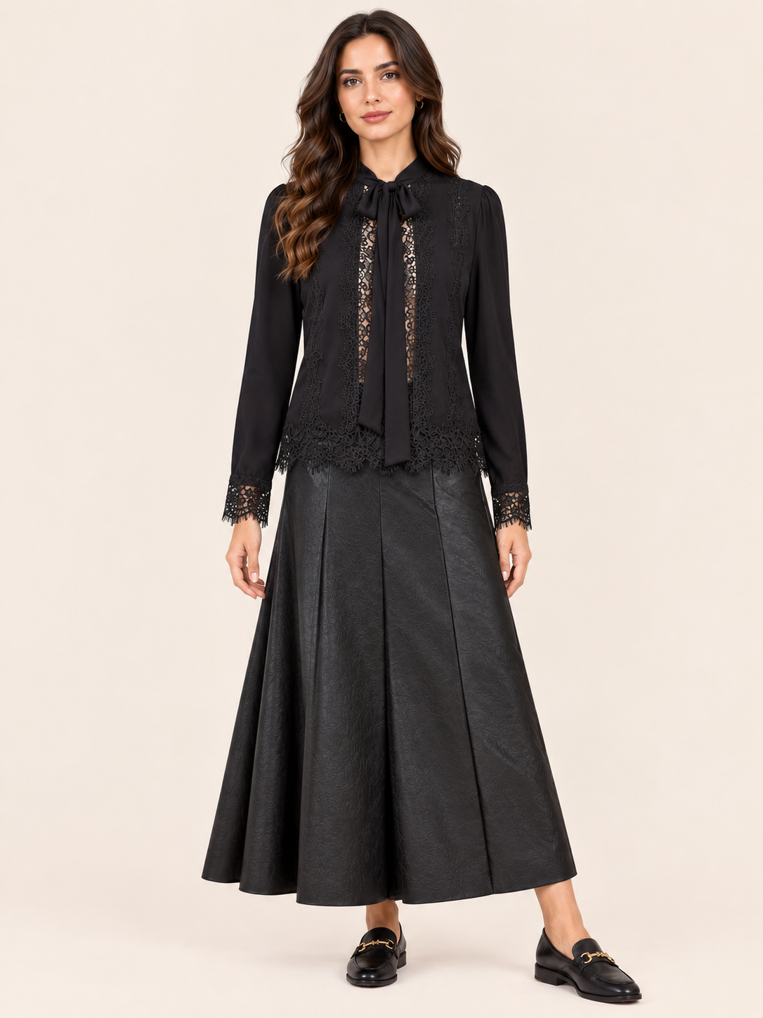 Relaxed Fit Black Lace Blouse With Bow Neck & Sheer Details