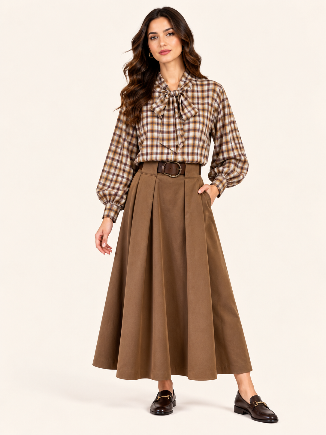 Relaxed Fit Brown Check Blouse With Bow Neck - Women's Long Sleeve Blouse