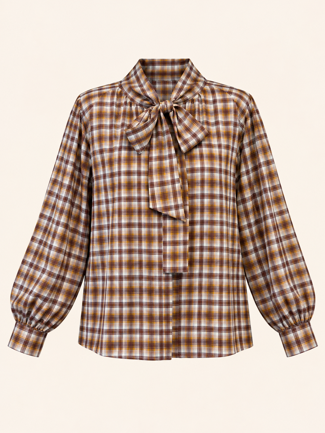 Relaxed Fit Brown Check Blouse With Bow Neck - Women's Long Sleeve Blouse
