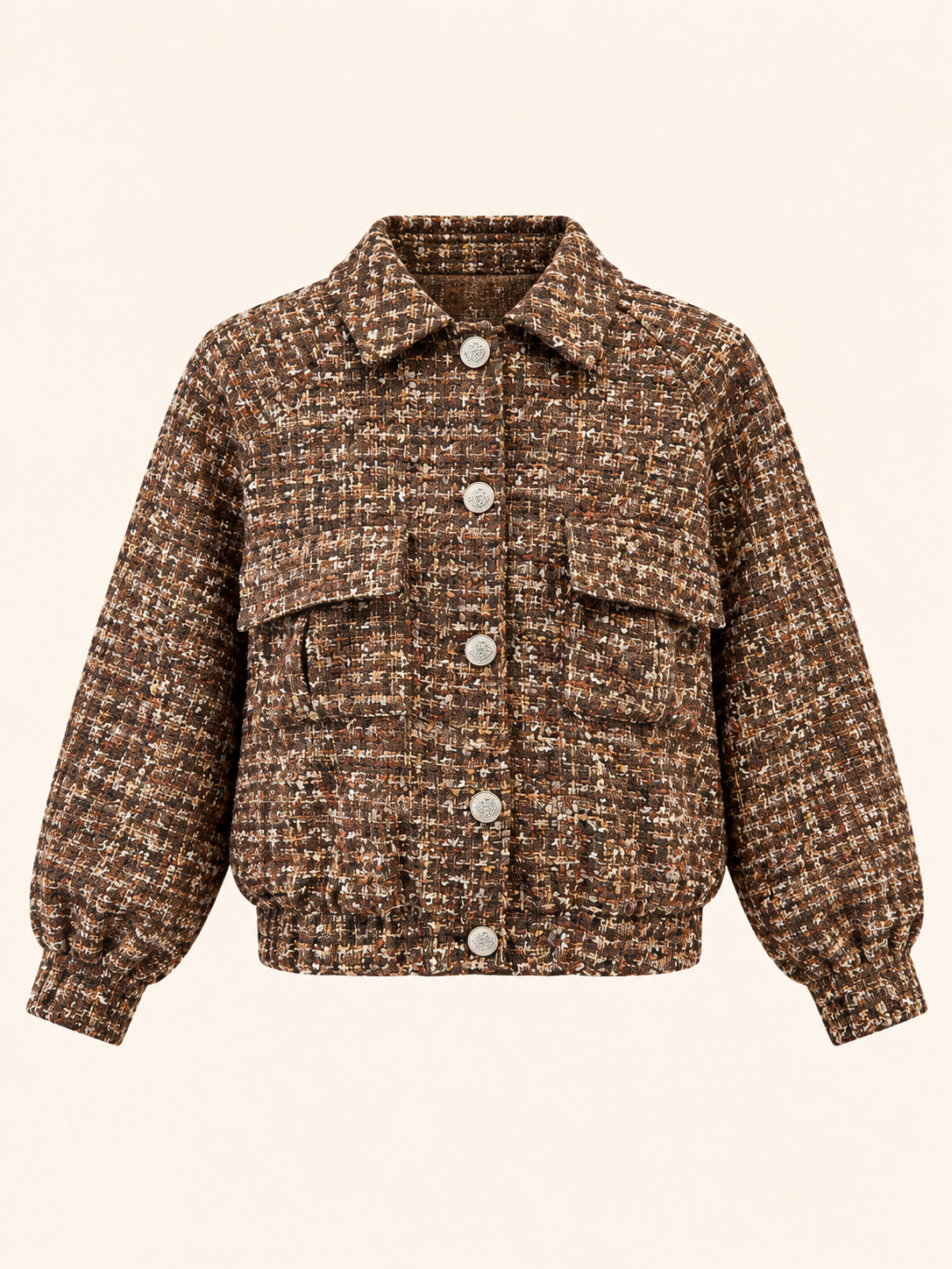 Relaxed Fit Brown Boucle Tweed Bomber Jacket With Gold Buttons