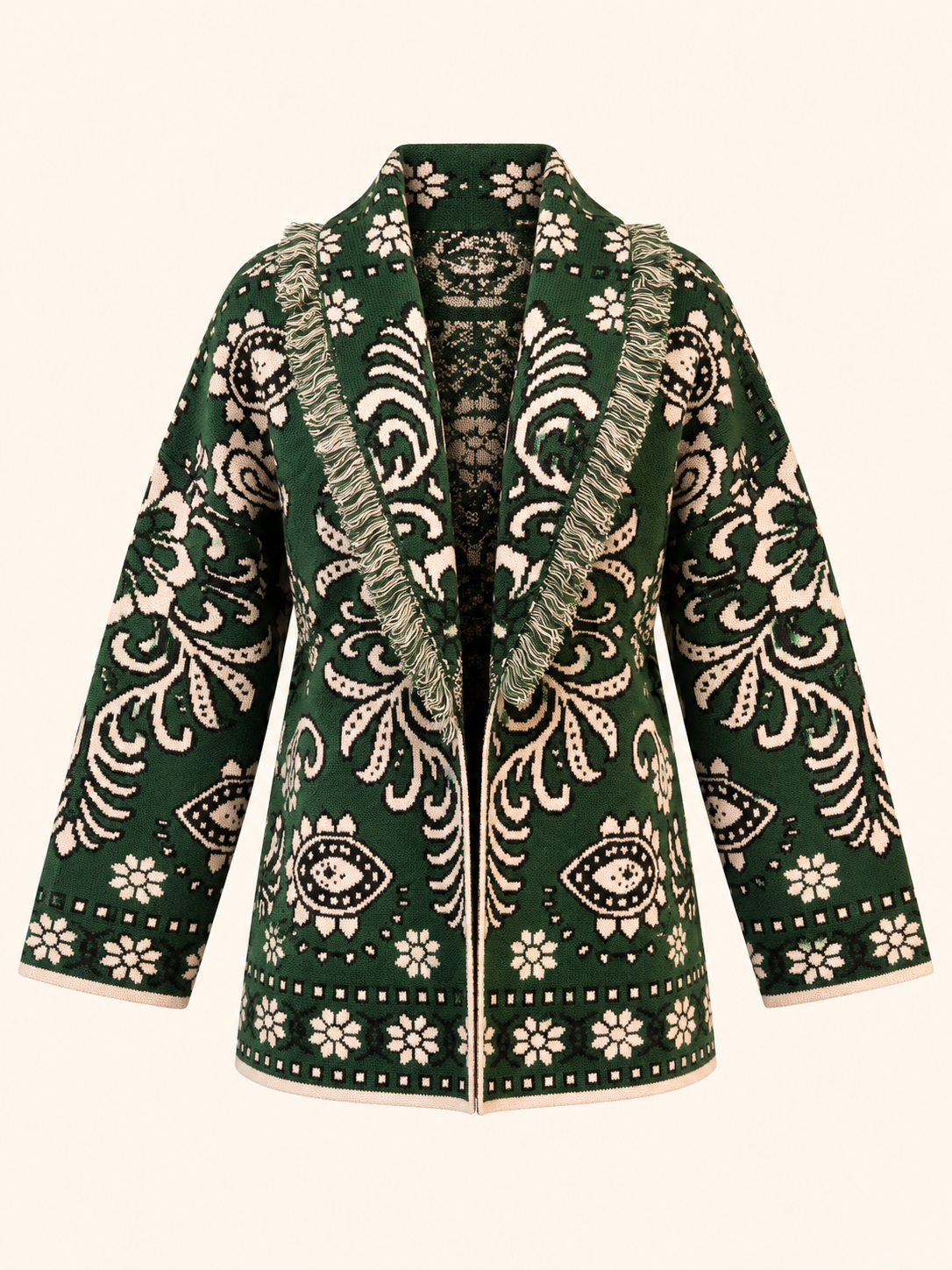 Relaxed Fit Green Jacquard Knit Cardigan With Belt & Fringe Trim