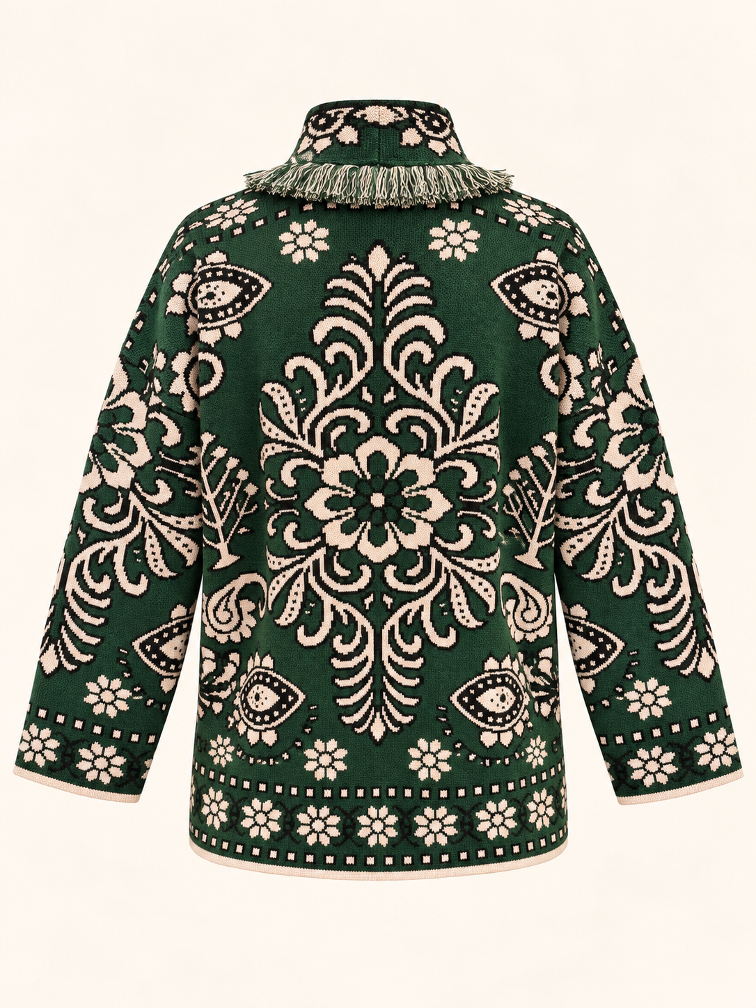 Relaxed Fit Green Jacquard Knit Cardigan With Belt & Fringe Trim