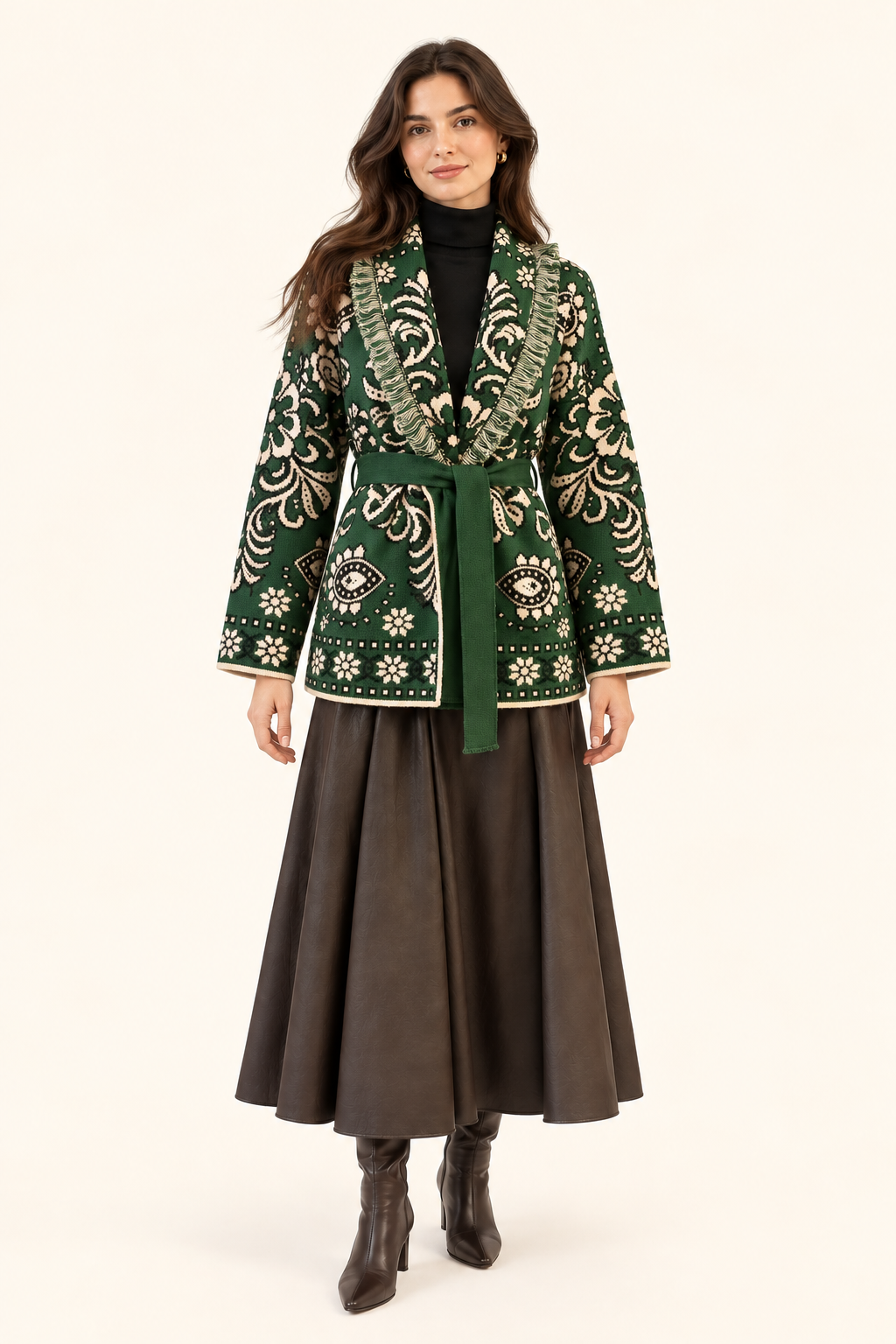 Relaxed Fit Green Jacquard Knit Cardigan With Belt & Fringe Trim