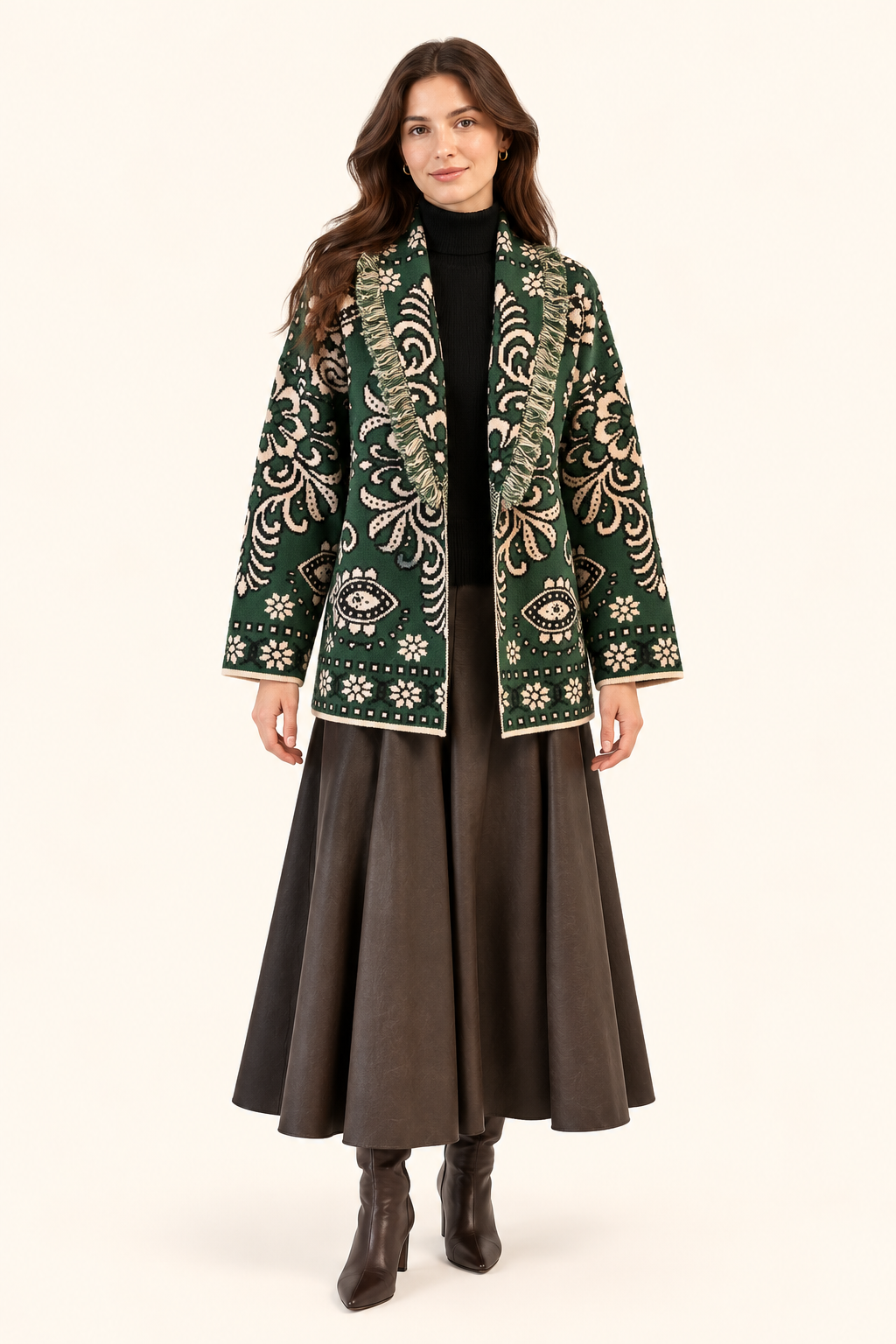 Relaxed Fit Green Jacquard Knit Cardigan With Belt & Fringe Trim
