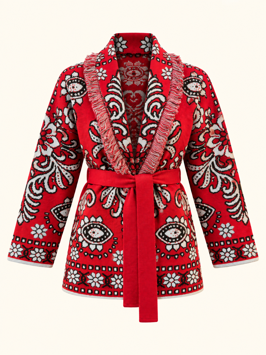 Relaxed Fit Red Jacquard Knit Cardigan With Belt & Fringe Trim