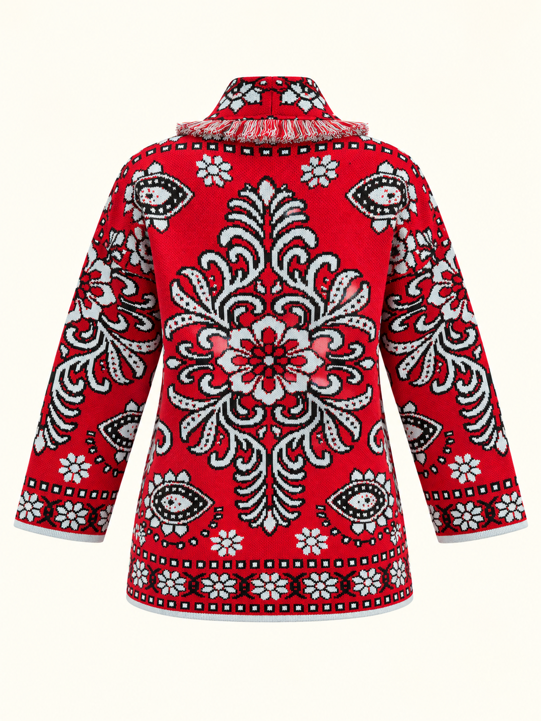 Relaxed Fit Red Jacquard Knit Cardigan With Belt & Fringe Trim