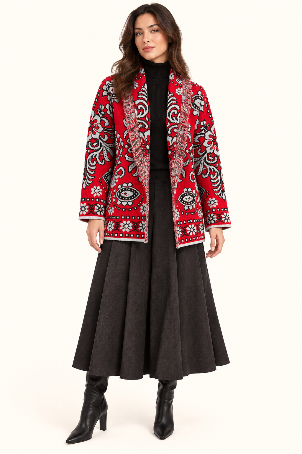 Relaxed Fit Red Jacquard Knit Cardigan With Belt & Fringe Trim