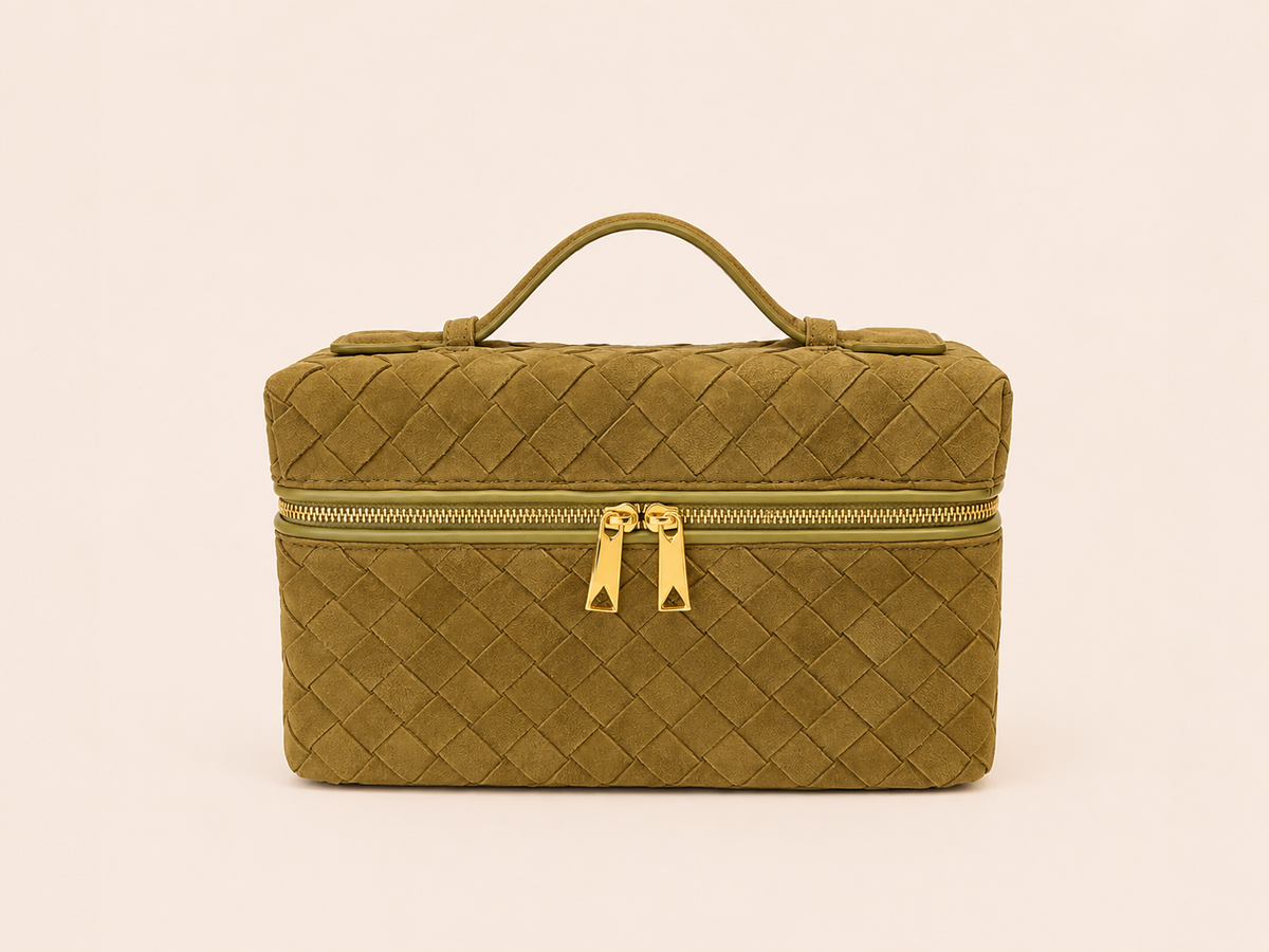 Olive Green Woven Vanity Suede Bag With Top Handle