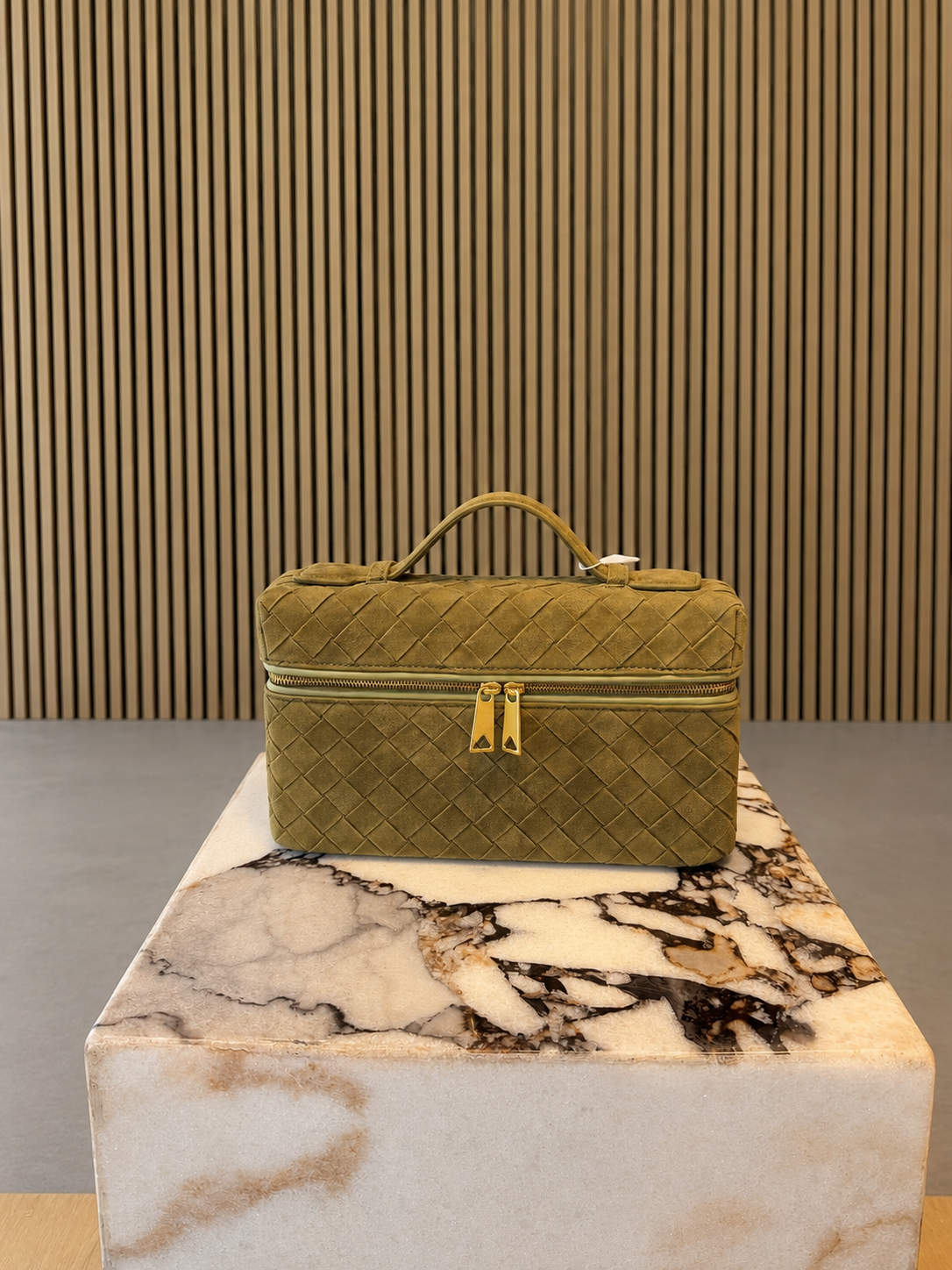 Olive Green Woven Vanity Suede Bag With Top Handle