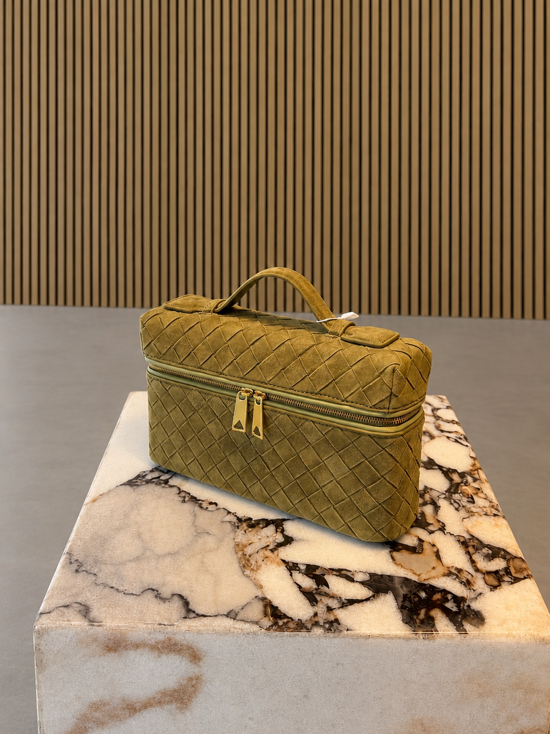 Olive Green Woven Vanity Suede Bag With Top Handle