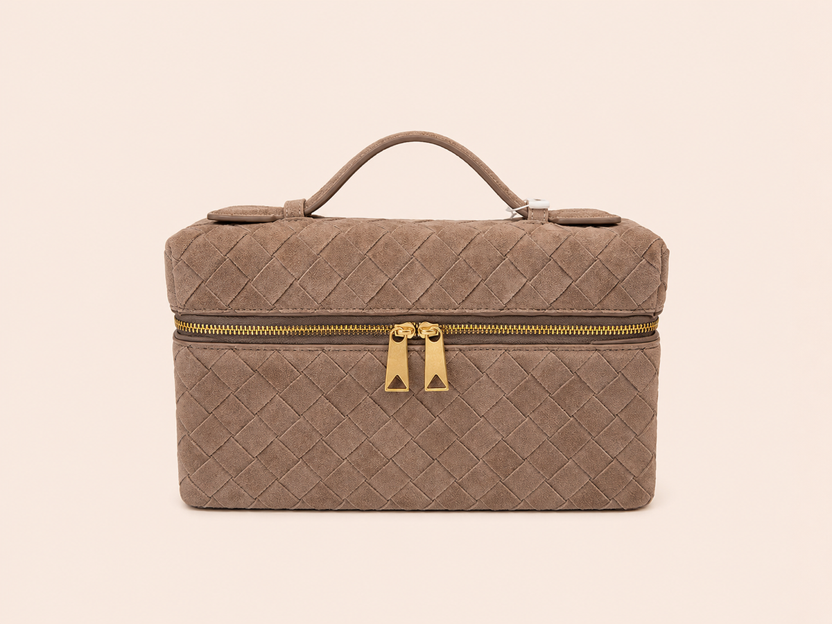 Taupe Woven Suede Vanity Bag With Top Handle