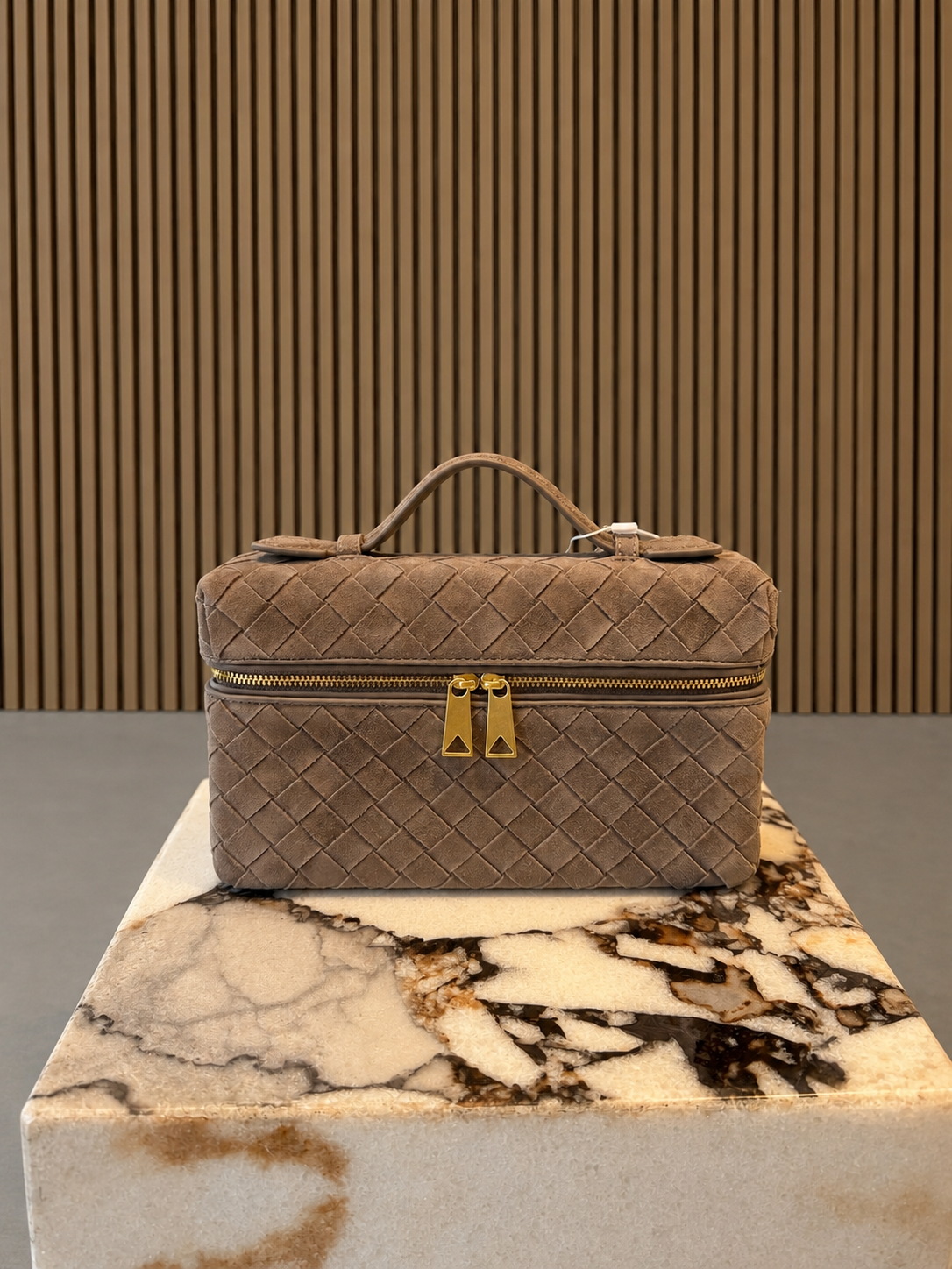 Taupe Woven Suede Vanity Bag With Top Handle