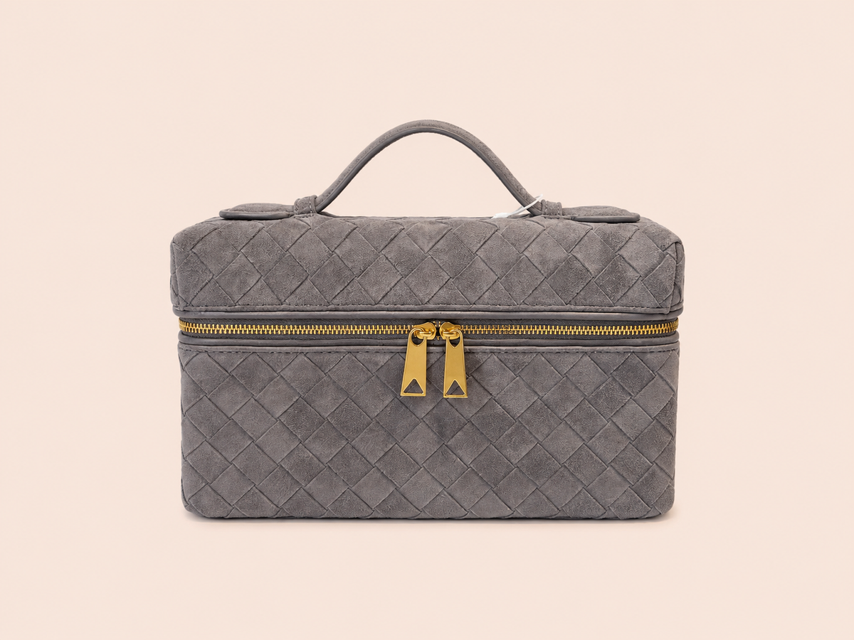 Grey Woven Suede Vanity Bag With Top Handle