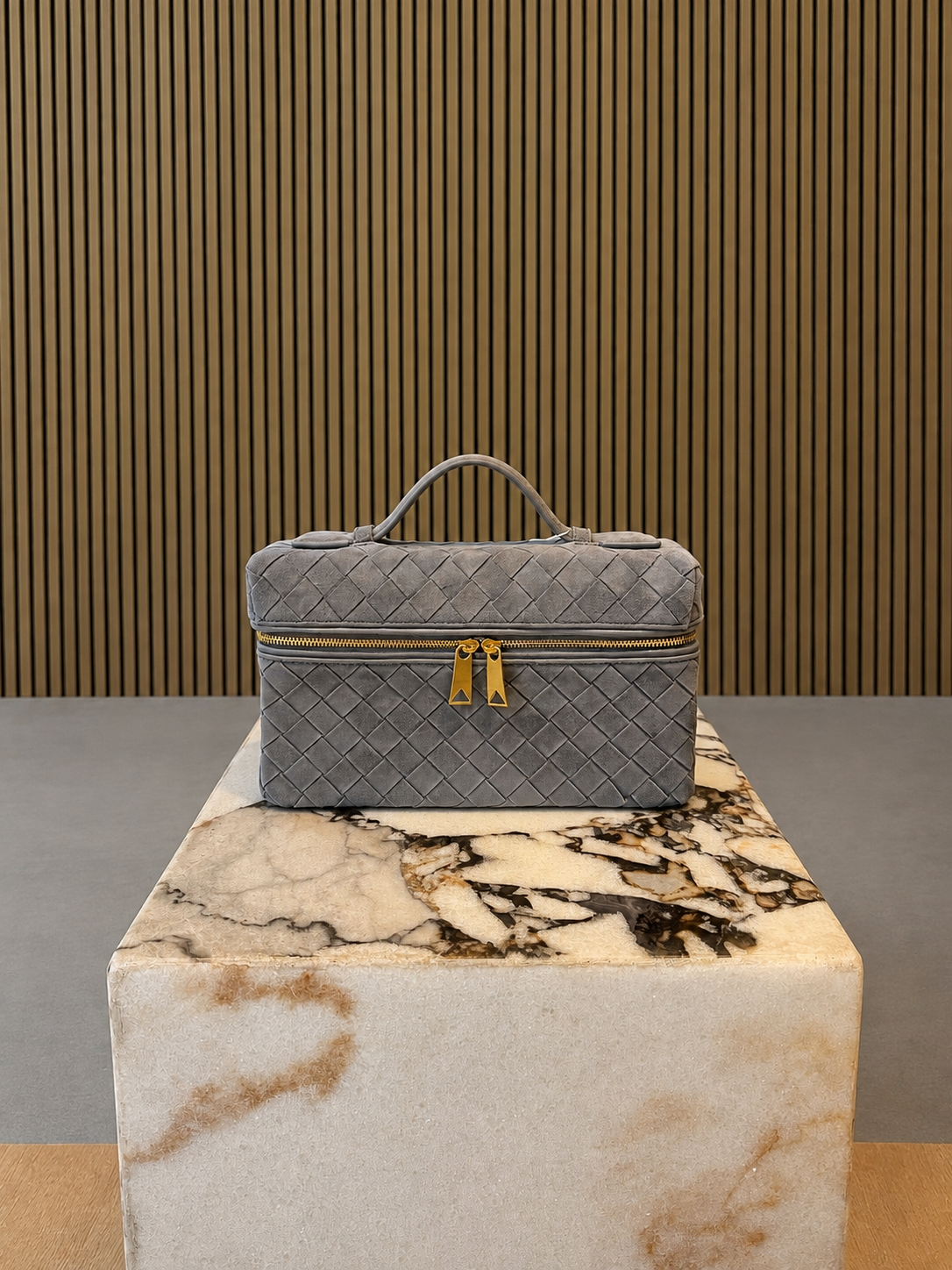 Grey Woven Suede Vanity Bag With Top Handle