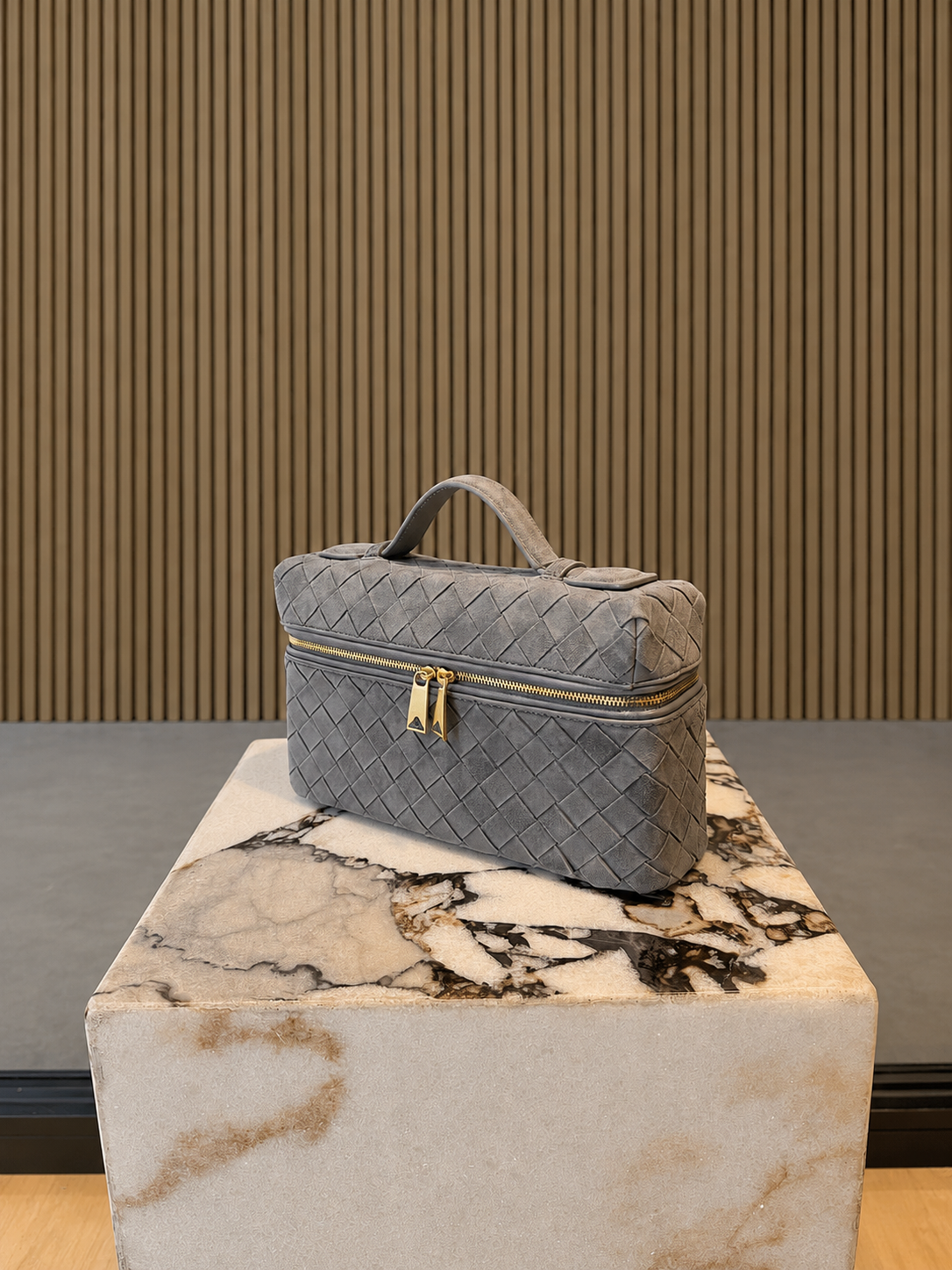 Grey Woven Suede Vanity Bag With Top Handle