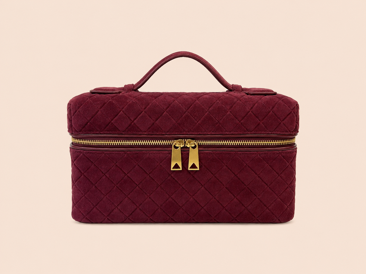 Burgundy Woven Suede Vanity Bag With Top Handle