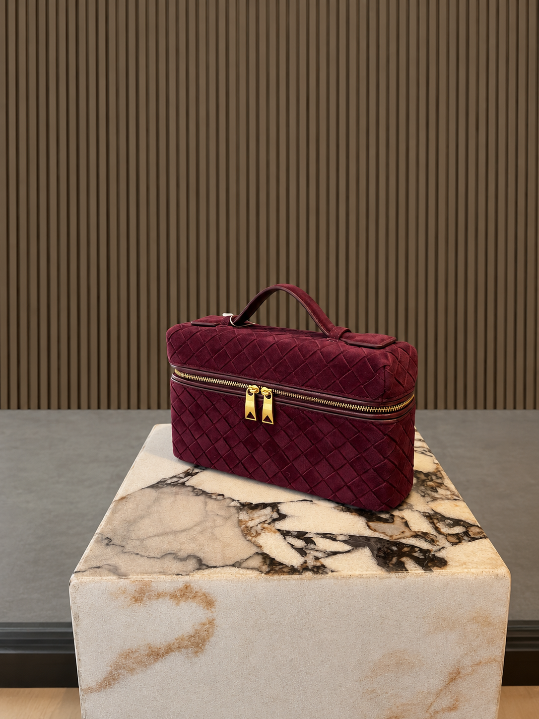 Burgundy Woven Suede Vanity Bag With Top Handle