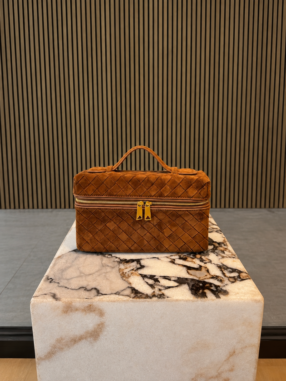 Cognac Woven Suede Vanity Bag With Top Handle