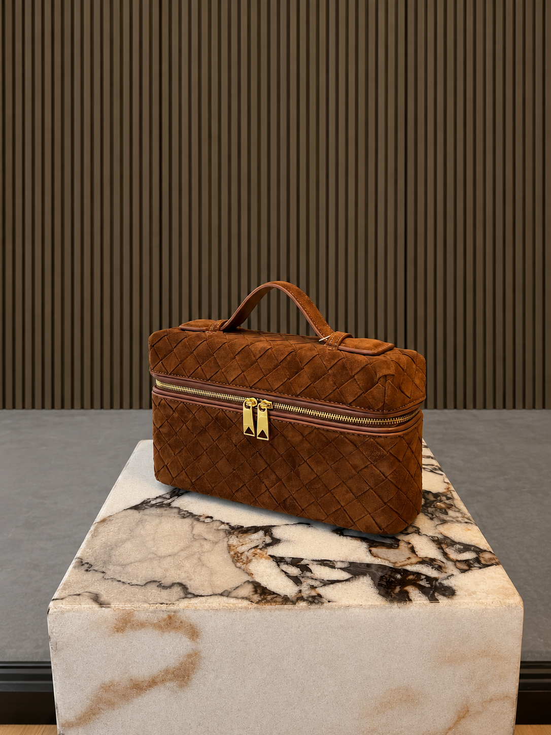Cognac Woven Suede Vanity Bag With Top Handle