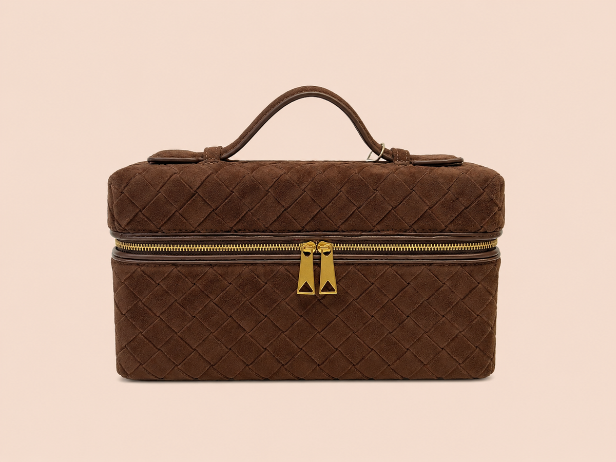 Chocolate Brown Woven Suede Vanity Bag With Top Handle