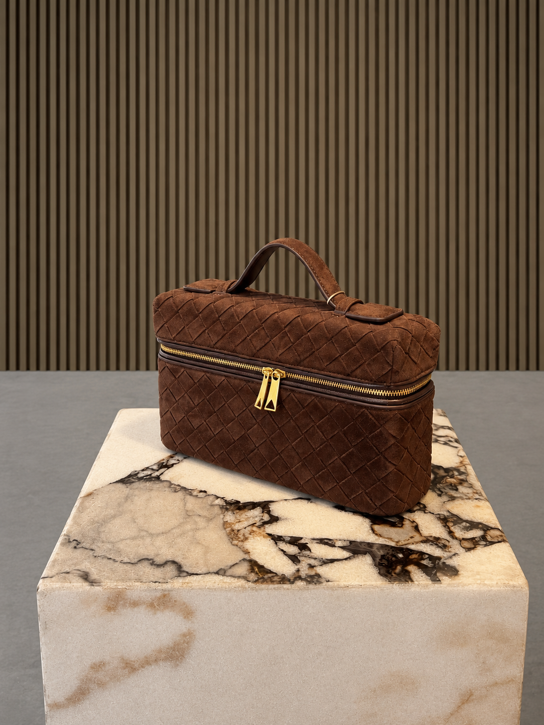 Chocolate Brown Woven Suede Vanity Bag With Top Handle