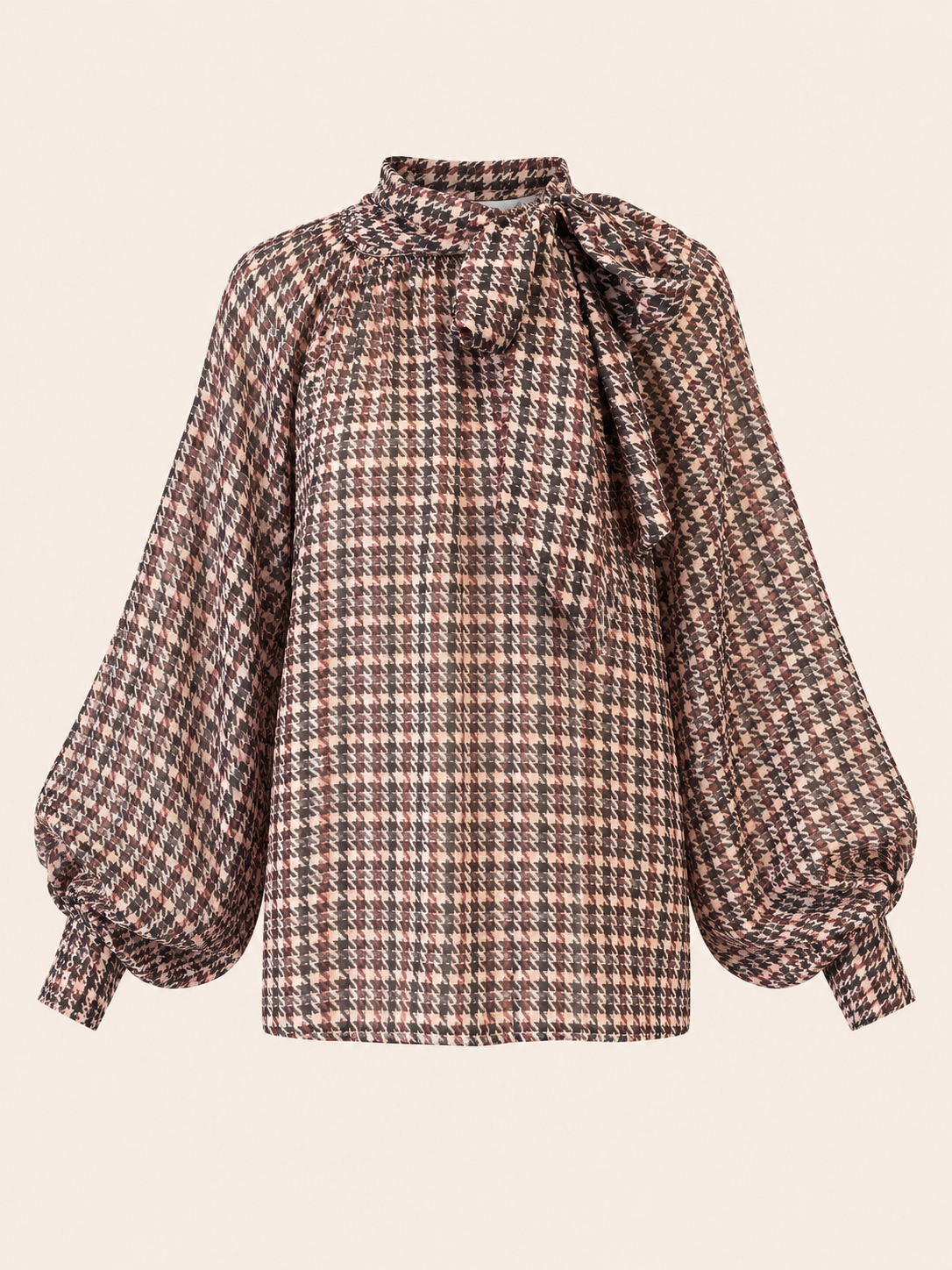 Relaxed Fit Brown Houndstooth Bow Neck Blouse With Balloon Sleeves