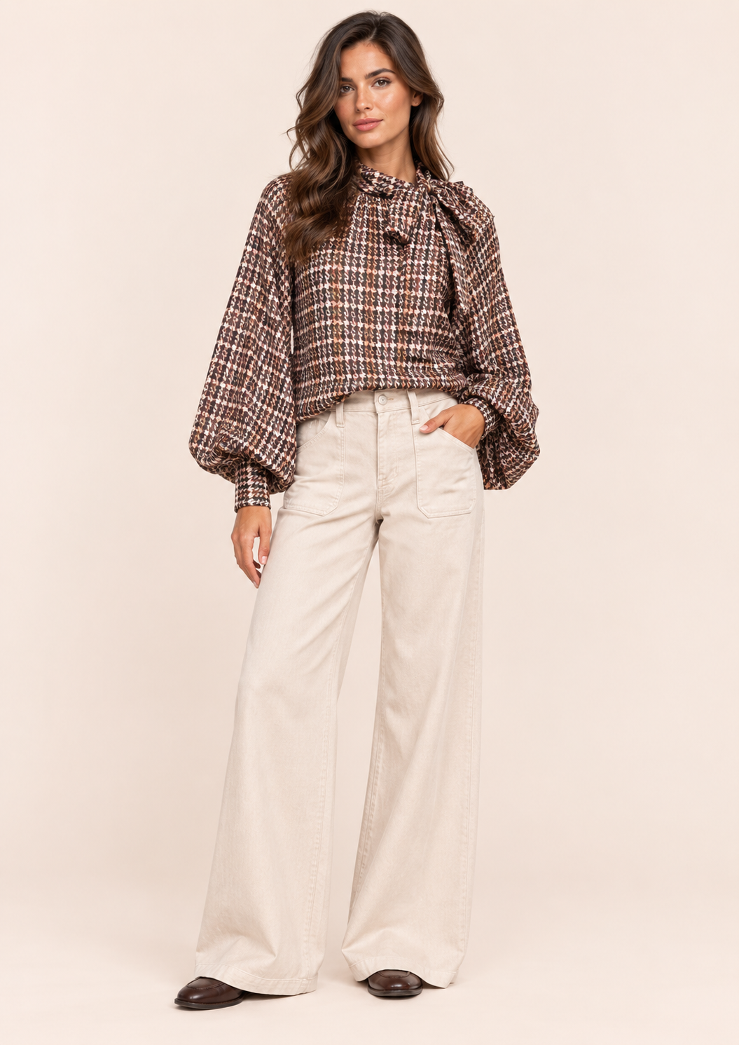 Relaxed Fit Brown Houndstooth Bow Neck Blouse With Balloon Sleeves